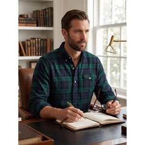 Preppy Polo Ralph Lauren Black Watch Plaid Popover Shirt M Classic Green‎ Navy